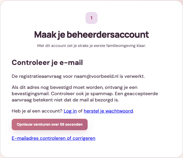 FamilyBase meldt dat de registratie is verwerkt en vraagt de gebruiker de e-mail te controleren