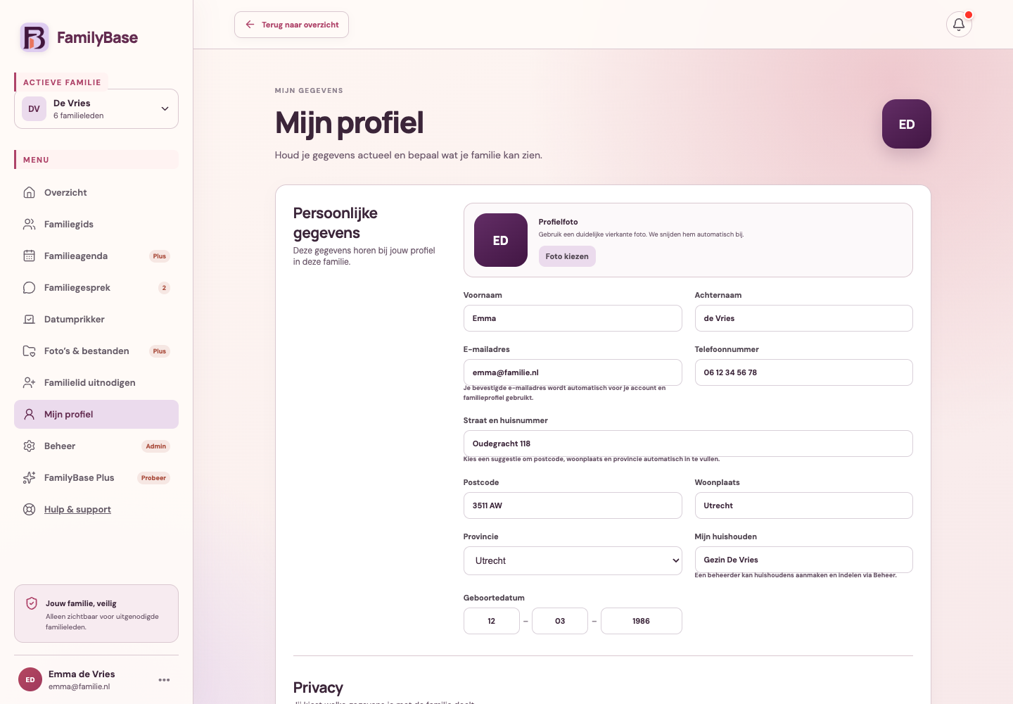 De pagina Mijn profiel met velden voor persoonlijke gegevens en daaronder privacy-instellingen