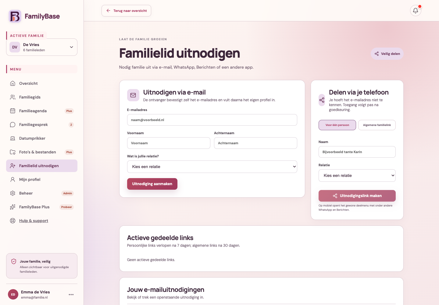 De FamilyBase-pagina om familie via e-mail of een gedeelde link uit te nodigen